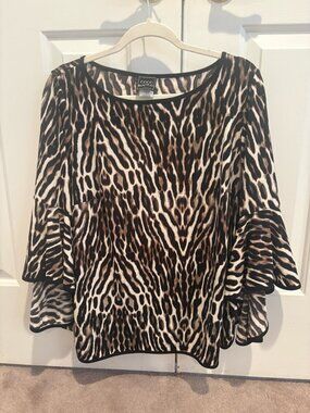 COCO BIANCO, Leopard Blouse with Bell Sleeves, XL, Like New